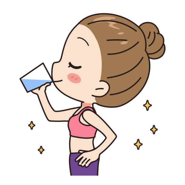 水を飲む年配の女性のイラスト、上半身。 - adult allergy casual white background点のイラスト素材／クリップアート素材／マンガ素材／アイコン素材
