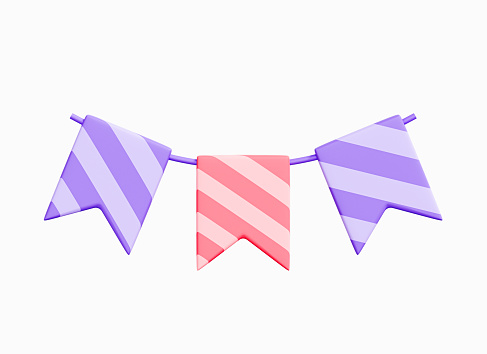 3D Carnival garland with flags. Pink and purple buntings garlands. Party surprise decoration. Birthday hanging flags. Cartoon creative design icon isolated on white background. 3D Rendering