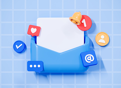 3D Open letter in envelope with bell notification and new message. Social media creative concept. Subscribe newsletter marketing. Email communication. Cartoon design on blue background. 3D Rendering