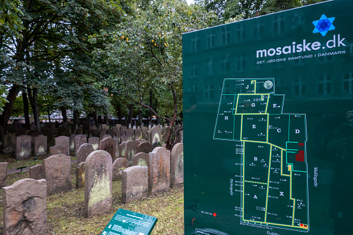 Copenhagen, Denmark Sept 29, 2022 Tombstones in the Jewish Cemetery.