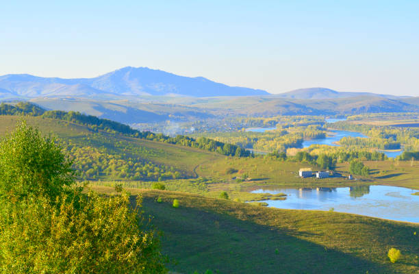 Aya Nature Park in the Altai Mountains. Lakes and the Katun River among the mountain hills. Altai, Siberia, Russia, 2022