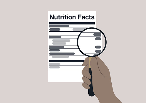 A hand zooming in a nutrition facts label with a magnifying glass, healthy eating