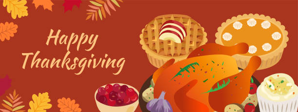 herbstessen handgezeichnete illustration. traditionelles thanksgiving-essen, festliches dinner-konzept. putenbraten, apfelkuchen, preiselbeeren, kürbiskuchen, glühwein, kartoffelpüree, füllung. - roast turkey turkey thanksgiving holiday stock-grafiken, -clipart, -cartoons und -symbole