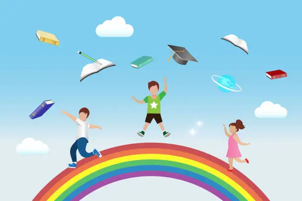 Vector illustration of Back to school and kindergarten education concept. Happy children on rainbow with graduation cap and book, pencil and school stationery flying in sky.