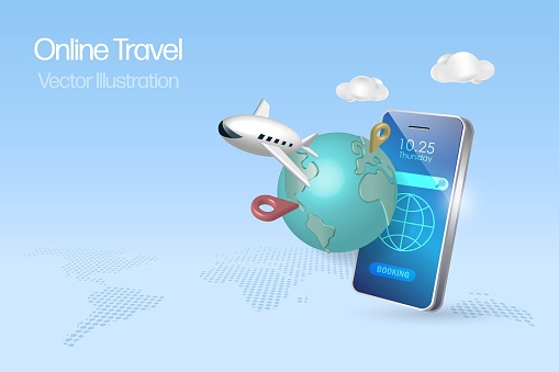 Online travel, online booking concept. Airplane flying from smartphone app. Reservation flight ticket, traveling by airplane to explore world. 3D realistic vector.