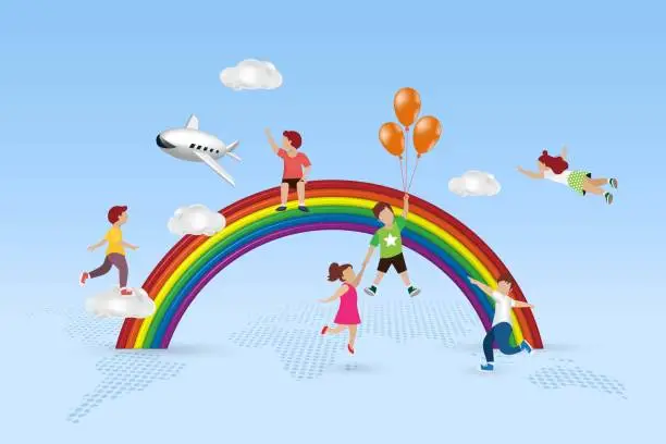 Vector illustration of Kid dream world and entertainment concept. Happy children playing on rainbow, amusement fun park festival flying in sky background.