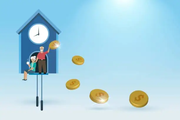 Vector illustration of Financial investment planning for senior. Happy elderly couple in clock with gold coins from return on investment, long term investment strategy.