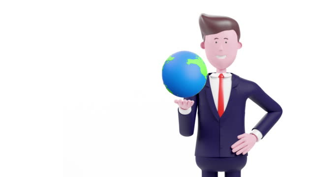 3d Animation cartoon businessman holding world. Business global.