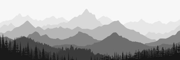 ilustrações de stock, clip art, desenhos animados e ícones de black and white landscape, panorama of mountains in the morning - carved rock