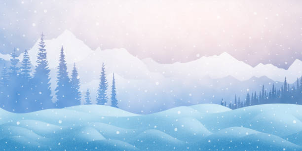 зимний горный пейзаж, снежные заносы и деревья, идет снег - winter stock illustrations