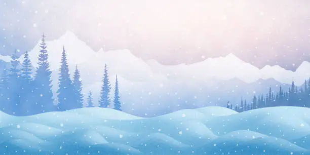 Vector illustration of Winter mountain landscape, snow drifts and trees, it snows