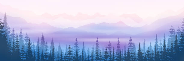 bildbanksillustrationer, clip art samt tecknat material och ikoner med winter landscape, mountains in sunset light, panoramic - skog sverige