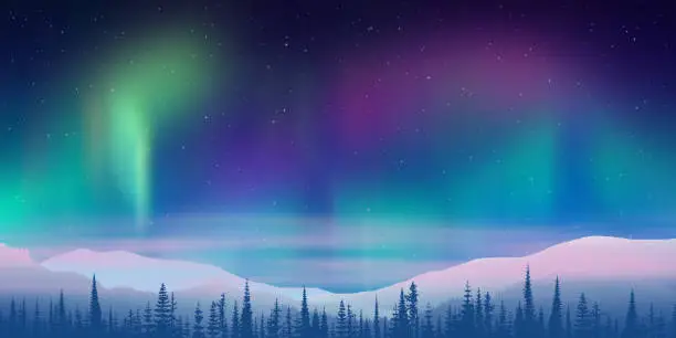 Vector illustration of Fantasy on the theme of the northern landscape, dusk and polar lights, forest and sunset light