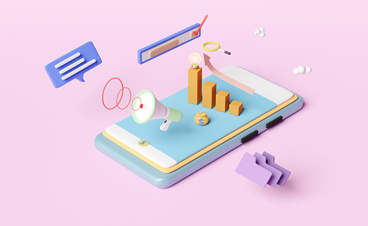 mobile phone or smartphone with charts and graph, analysis business financial data, Online marketing isolated on pink pastel background ,3d illustration or 3d render