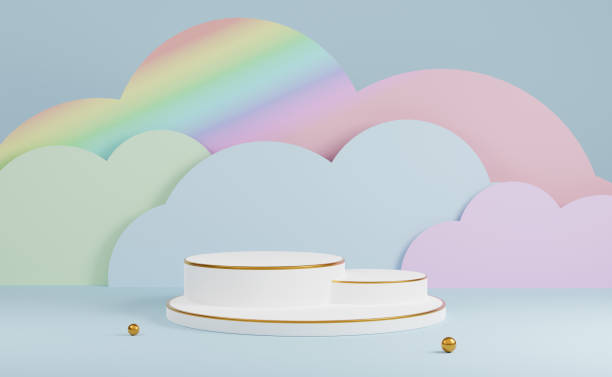 istock white cylinder stage podium empty with flower,ball,cloud in blue pastel composition. Summer decorate concept ,abstract showcase background ,3d illustration or 3d render 1436882494