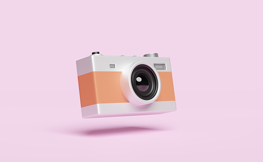 silver color camera isolated on pink pastel background,3d illustration or 3d render