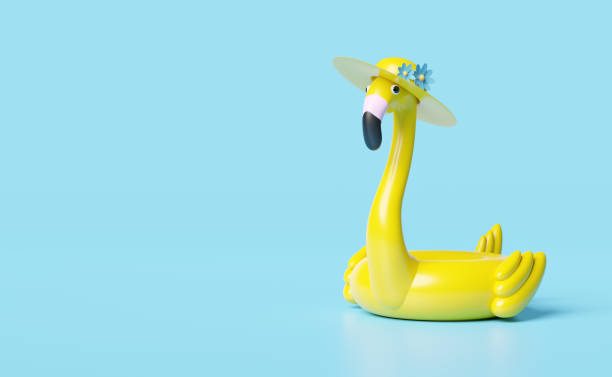 istock yellow Inflatable flamingo with hat and copy space isolated on pink background. concept 3d illustration or 3d render 1436883873