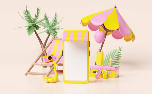 istock mobile phone or smartphone store front with yellow pink suitcase,beach chair,Inflatable flamingo,palm leaf,shopping paper bags,umbrella,online shopping summer sale concept,3d illustration or 3d render 1436883948