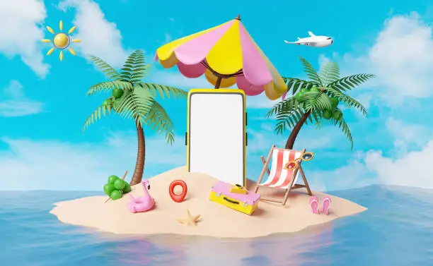 Photo of mobile phone or smartphone with palms,beach chair,island,coconut,suitcase,umbrella,sandals,plane,surfboard,Inflatable flamingo on blue sky.summer travel vacation concept,3d illustration or 3d render