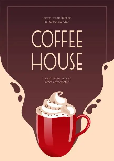 Vector illustration of Latte, Hot chocolate or coffee, cocoa and whipped cream in a red mug. Banner for coffee shop, cafe bar, barista. Vector illustration for poster, banner, flyer, advertising, publicity, promo, menu