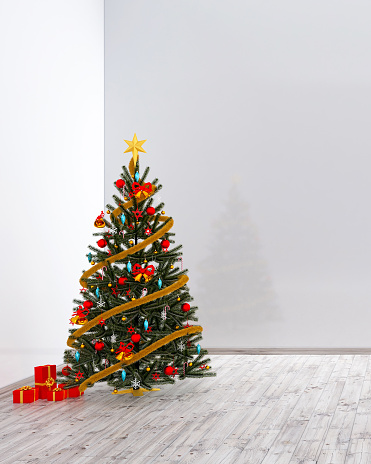 Christmas tree with red and gold ornaments and red gift boxes in an empty room in vertical format. 3d Christmas background concept for banner design render illustration.