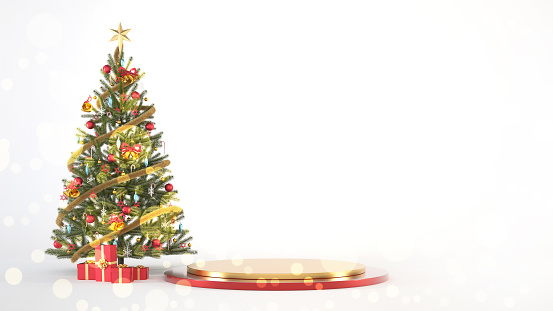 Bokeh effect red and gold happy new year podium or stand with christmas tree and gift boxes for product display. 3d christmas concept render illustration.