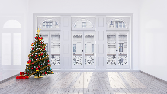Christmas tree with red and gold ornaments and red gift boxes in front of three white windows in a room. 3d Christmas background concept for header or banner design render illustration.