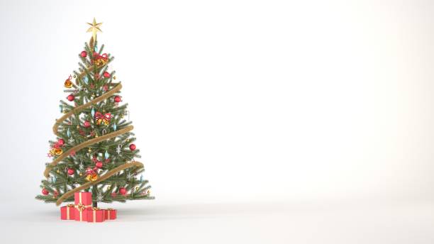 istock Christmas tree with red and gold ornaments and red gift boxes on a white background with copy space 3d rendering. 1436895101