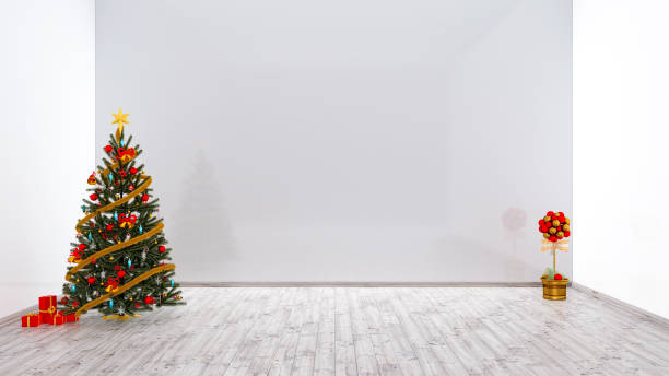 istock Empty white room decorated with Christmas tree, new year presents and balloons 3d rendering. 1436895128