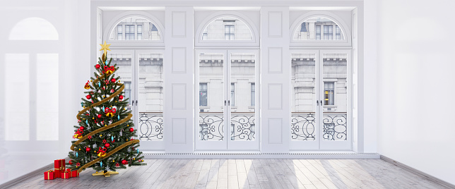 Christmas tree with red and gold ornaments and red gift boxes in front of three white windows in a room. 3d christmas background concept for header or banner design render illustration.