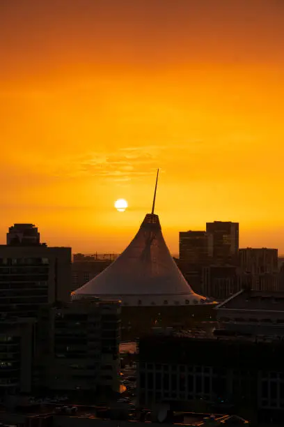 Astana, Kazakhstan, October, 2022. View of the Khan Shatyr Shopping Center at sunset.