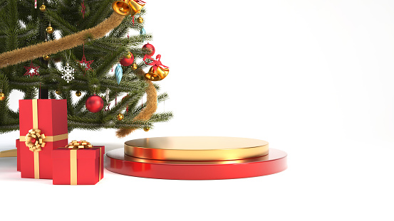 Red and gold happy new year podium or stand with christmas tree and gift boxes for product display. 3d merry christmas concept render illustration.