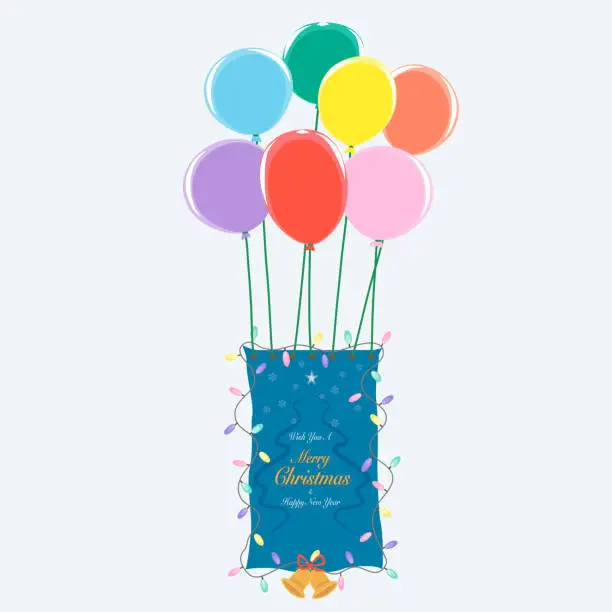 Vector illustration of Vector merry Christmas and happy new year invitation poster drawing, blue Merry Christmas postcard hanging on colorful red blue yellow pink green violet balloons, decorate with lighting, golden bell