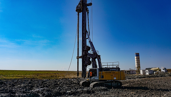 Araclar, Turkey - September 16, 2022: Hydraulic drilling rig Liebherr LB 28-320 on a construction site at Araclar, Turkey on September 16, 2022