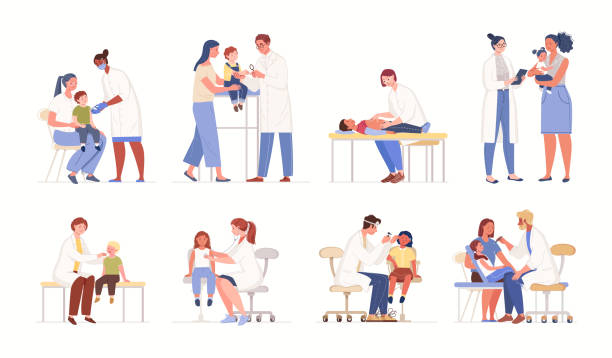 어린이 건강 진단. - doctor patient doctors office teenager stock illustrations