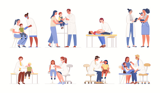 Medical Set of scenes of admission of patients by narrow specialists in field of pediatrics. Vector characters flat cartoon illustrations.