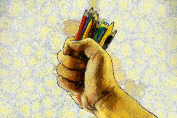 istock Hand holding colored pencils Illustrations creates an impressionist style of painting. 1436901820