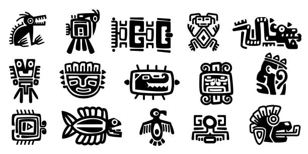 Vector illustration of Mexican gods symbols. Abstract aztec animal bird totem idols, ancient inca maya civilization primitive traditional signs. Vector collection