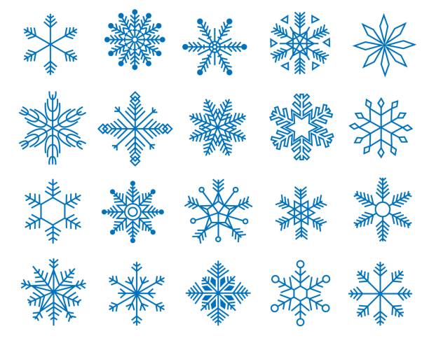 kritzeln sie schneeflocken. variationen von winterblau symmetrische schneeflocken, geometrische gefrorene kristallikonen weihnachten neujahr dekoration. vektor-sammlung - ice crystal winter nature ice stock-grafiken, -clipart, -cartoons und -symbole