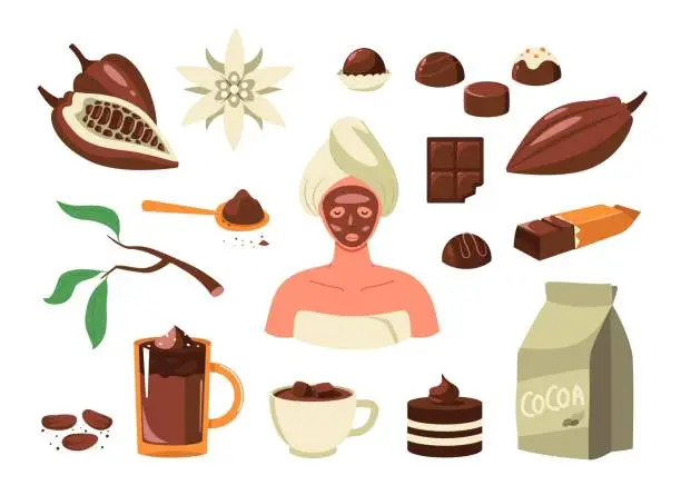 Vector illustration of Cacao products. Cartoon cocoa beans powder for mil dark chocolate drink cake candy bar, sweet elements flat style. Vector isolated collection