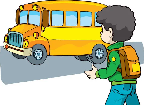 Vector illustration of Boy with Rucksack goes to school by bus. Transportation.