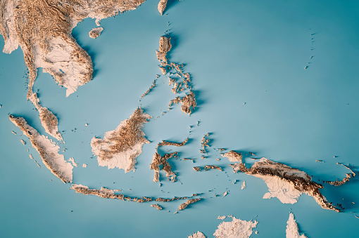 3D Render of a Topographic Map of Southeast Asia.  \nAll source data is in the public domain.\nColor texture: Made with Natural Earth.\nhttp://www.naturalearthdata.com/downloads/10m-raster-data/10m-cross-blend-hypso/\nRelief texture: GMTED 2010 data courtesy of USGS. URL of source image:\nhttps://topotools.cr.usgs.gov/gmted_viewer/viewer.htm\nWater texture: SRTM Water Body SWDB: https://dds.cr.usgs.gov/srtm/version2_1/SWBD/
