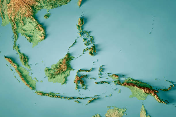 sudeste da ásia mapa topográfico horizontal 3d renderação cor - sudeste asiático - fotografias e filmes do acervo