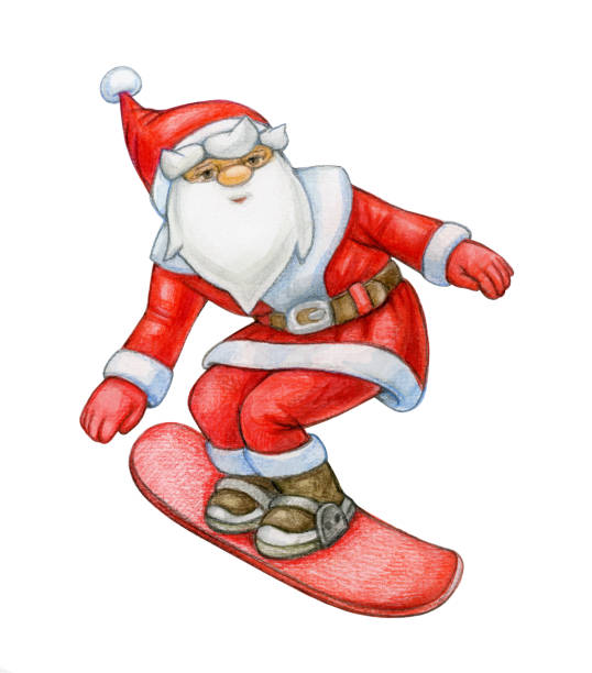 illustrazioni stock, clip art, cartoni animati e icone di tendenza di cartone animato di babbo natale su snowbord, isolato su bianco. illustrazione ad acquerello. - snowbord