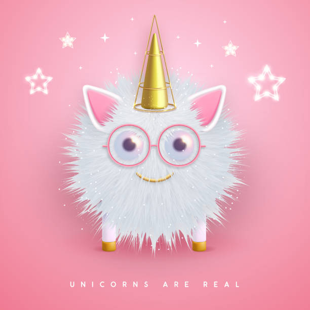 ilustraciones, imágenes clip art, dibujos animados e iconos de stock de unicornio esponjoso realista en 3d con cuerno dorado aislado sobre fondo rosa. ilustración vectorial - fluffy sphere cartoon imagination