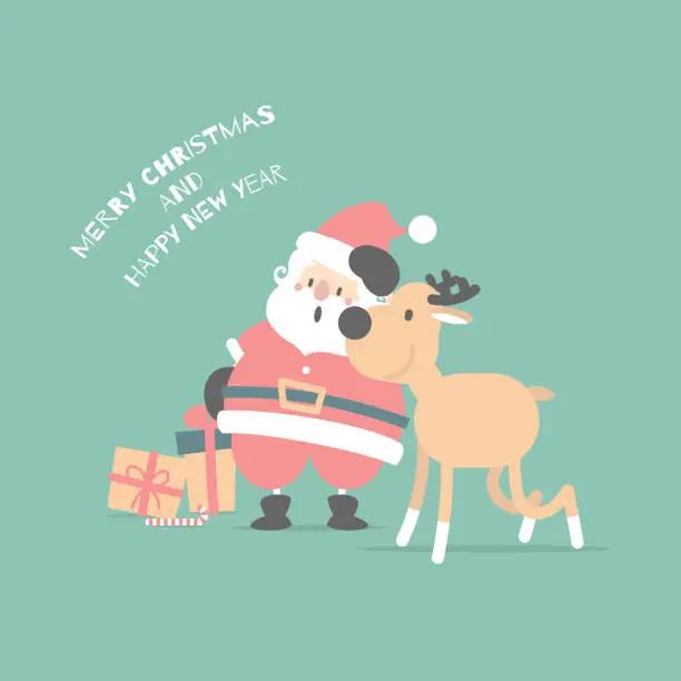 Vector illustration of merry christmas and happy new year with cute santa claus and reindeer in the winter season