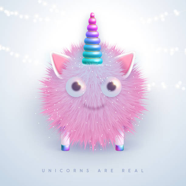 ilustraciones, imágenes clip art, dibujos animados e iconos de stock de unicornio esponjoso realista en 3d con cuerno degradado aislado sobre fondo blanco. ilustración vectorial - fluffy sphere cartoon imagination