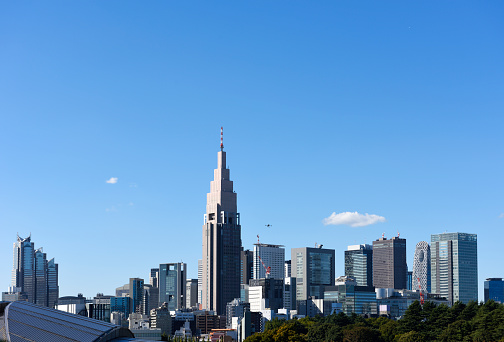 Tokyo Shinjuku skyline against clear sky with copy space