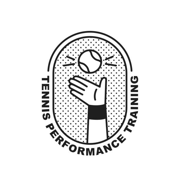 Tennis club logo. A hand and a ball playing a tennis serve are drawn. Black and white simple line illustration.