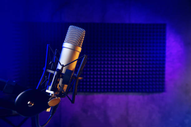 istock Close up of professional microphone in recording studio 1436909052
